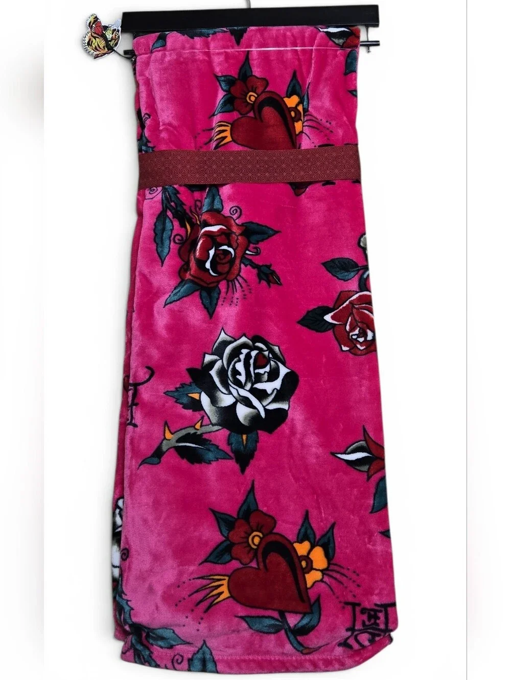 Ed Hardy Hot Pink Plush Roses Hearts Hibiscus Throw Blanket